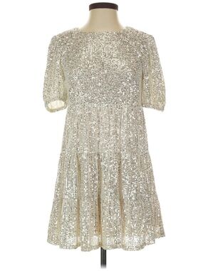 Speechless Sequin Dress M Champagne Silver Puff Sleeve